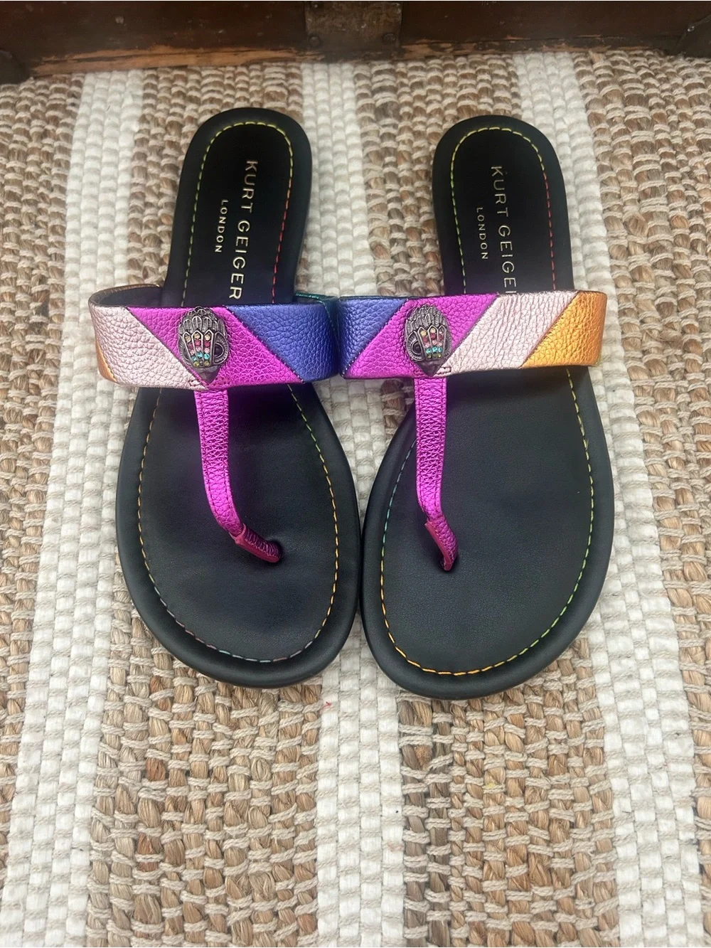 Kurt Geiger Multicolor Metallic Toe-Post Sandals in Pink, Purple & Gold